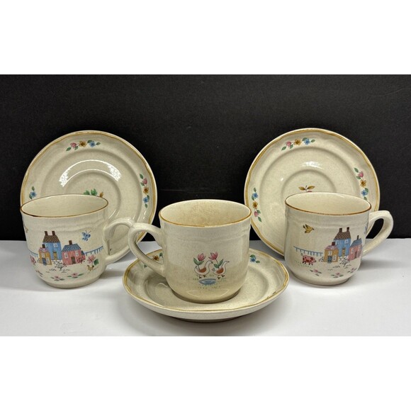 VTG International Stoneware Heartland X3 Coffee Cup Saucer Set Country Farmhouse - Picture 1 of 12